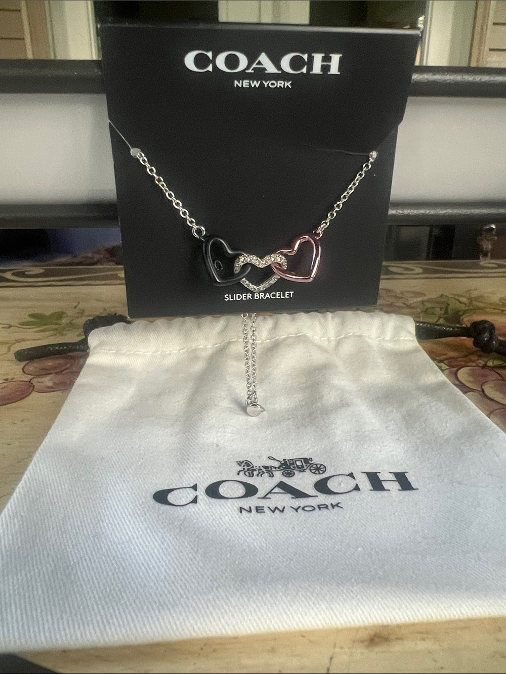 Coach Two-Tone Heart Slider Necklace - Black & Pink - Picture 2 of 6